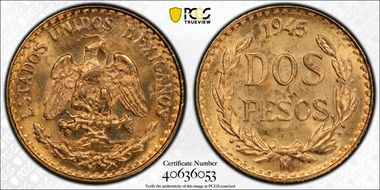 1945-Mo 2 Peso KM-461  Au MS65