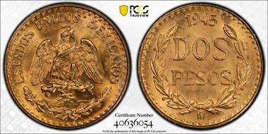 1945-Mo 2 Peso KM-461  Au MS66