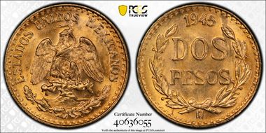1945-Mo 2 Peso KM-461 Au MS66
