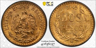 1945-Mo 2 Peso KM-461 Au MS65