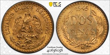 1945-Mo 2 Peso KM-461  Au MS66