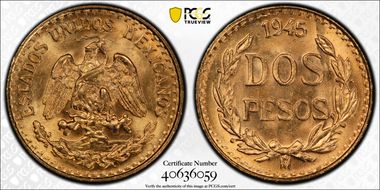 1945-Mo 2 Peso KM-461  Au MS67