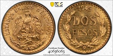 1945-Mo 2 Peso KM-461 Au MS64