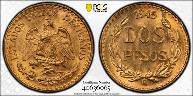 1945-Mo 2 Peso KM-461  Au MS66
