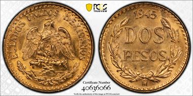 1945-Mo 2 Peso KM-461 Au MS66