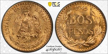 1945-Mo 2 Peso KM-461  Au MS66