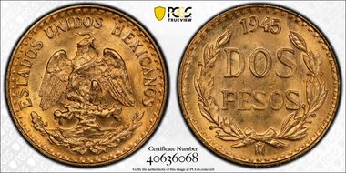 1945-Mo 2 Peso KM-461  Au MS66