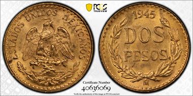 1945-Mo 2 Peso KM-461  Au MS66