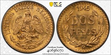 1945-Mo 2 Peso KM-461  Au MS65