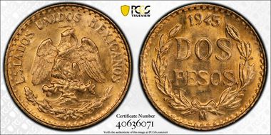 1945-Mo 2 Peso KM-461  Au MS66