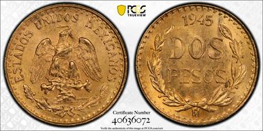 1945-Mo 2 Peso KM-461  Au MS66