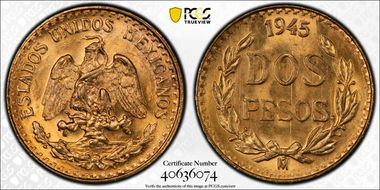 1945-Mo 2 Peso KM-461  Au MS66