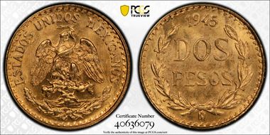 1945-Mo 2 Peso KM-461  Au MS66