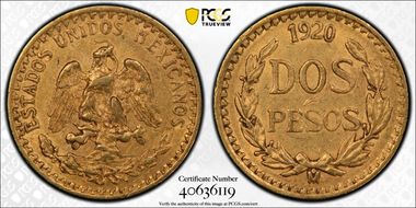 1920-Mo 2 Peso KM-461  Au AU58