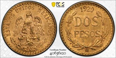 1920-Mo 2 Peso KM-461  Au MS64