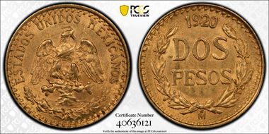 1920-Mo 2 Peso KM-461  Au MS63