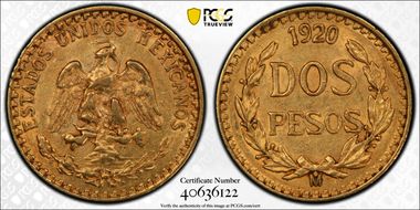 1920-Mo 2 Peso KM-461  Au AU58