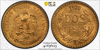 1920-Mo 2 Peso KM-461  Au MS63