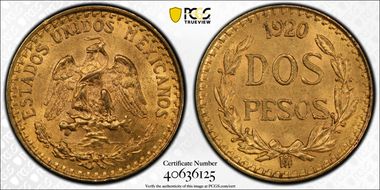 1920-Mo 2 Peso KM-461  Au MS64+