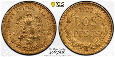 1920-Mo 2 Peso KM-461  Au AU58