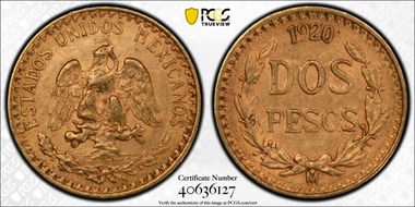 1920-Mo 2 Peso KM-461  Au AU58