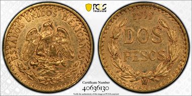 1919-Mo 2 Peso KM-461  Au AU58