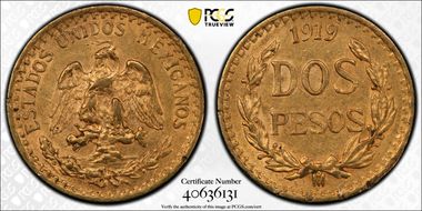 1919-Mo 2 Peso KM-461  Au MS62