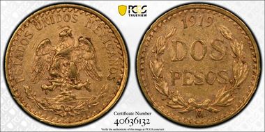 1919-Mo 2 Peso KM-461  Au AU58