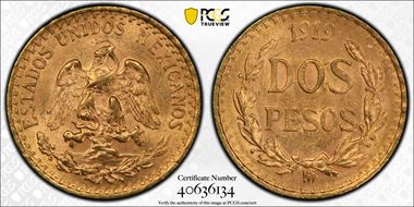 1919-Mo 2 Peso KM-461  Au MS64