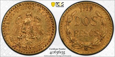 1919-Mo 2 Peso KM-461  Au AU58