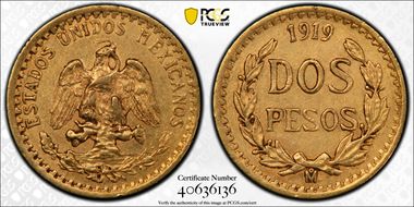 1919-Mo 2 Peso KM-461  Au AU55