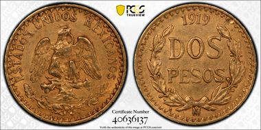 1919-Mo 2 Peso KM-461  Au AU58