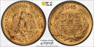 1945-Mo 2 Peso KM-461  Au MS65