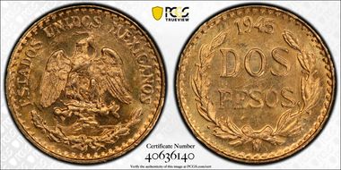 1945-Mo 2 Peso KM-461  Au MS65