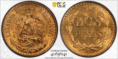 1945-Mo 2 Peso KM-461  Au MS67
