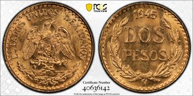 1945-Mo 2 Peso KM-461  Au MS67