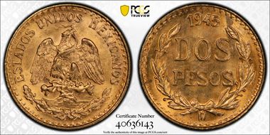 1945-Mo 2 Peso KM-461  Au MS66