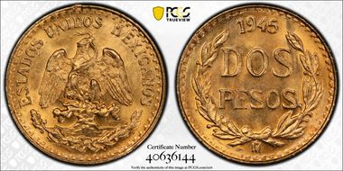 1945-Mo 2 Peso KM-461  Au MS66