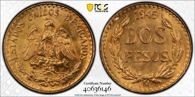 1945-Mo 2 Peso KM-461  Au MS65