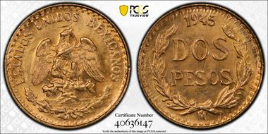 1945-Mo 2 Peso KM-461  Au MS65