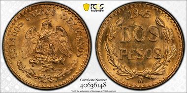 1945-Mo 2 Peso KM-461  Au MS66