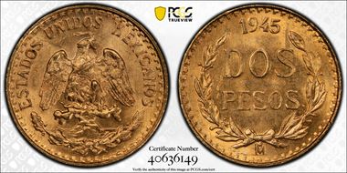 1945-Mo 2 Peso KM-461  Au MS65