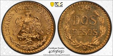 1945-Mo 2 Peso KM-461  Au MS66