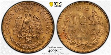 1945-Mo 2 Peso KM-461  Au MS66