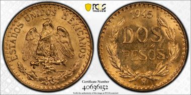 1945-Mo 2 Peso KM-461  Au MS66