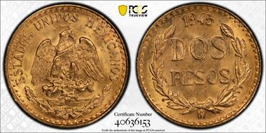 1945-Mo 2 Peso KM-461  Au MS66