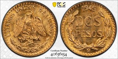 1945-Mo 2 Peso KM-461  Au MS66