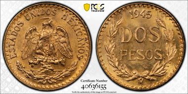 1945-Mo 2 Peso KM-461  Au MS66