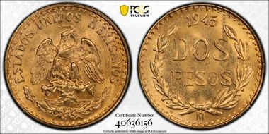 1945-Mo 2 Peso KM-461  Au MS66