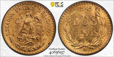 1945-Mo 2 Peso KM-461  Au MS66